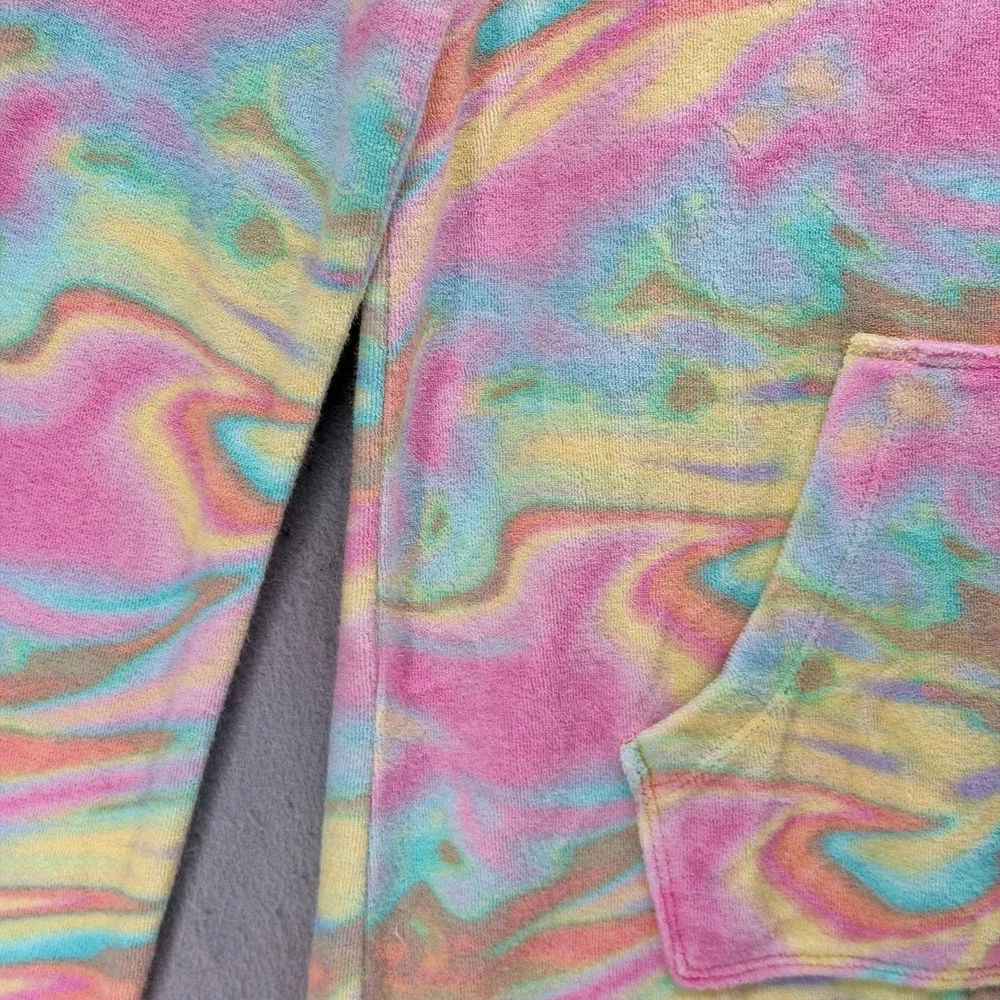 Lands' End Girls L 10/12 Robe Beach Cover Up Hooded Pink Yellow Terry Cloth Swim